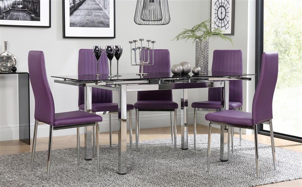 Dining Tables And Purple Chairs Regarding Best And Newest Space Chrome Black Glass Extending Dining Table With 6 Leon Purple 