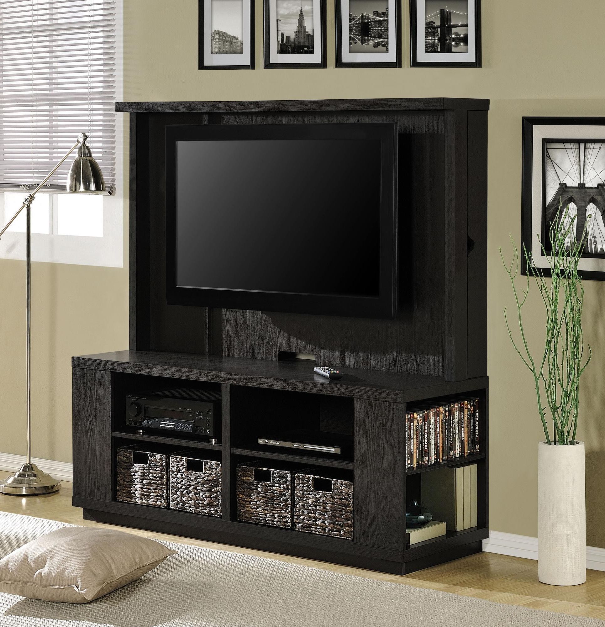 2024 Best Of Tv Stands With Storage Baskets   Small Black Wall Mounted Tv Stand With Storage Shelves Plus Woven Intended For Most Recently Released Tv Stands With Storage Baskets 