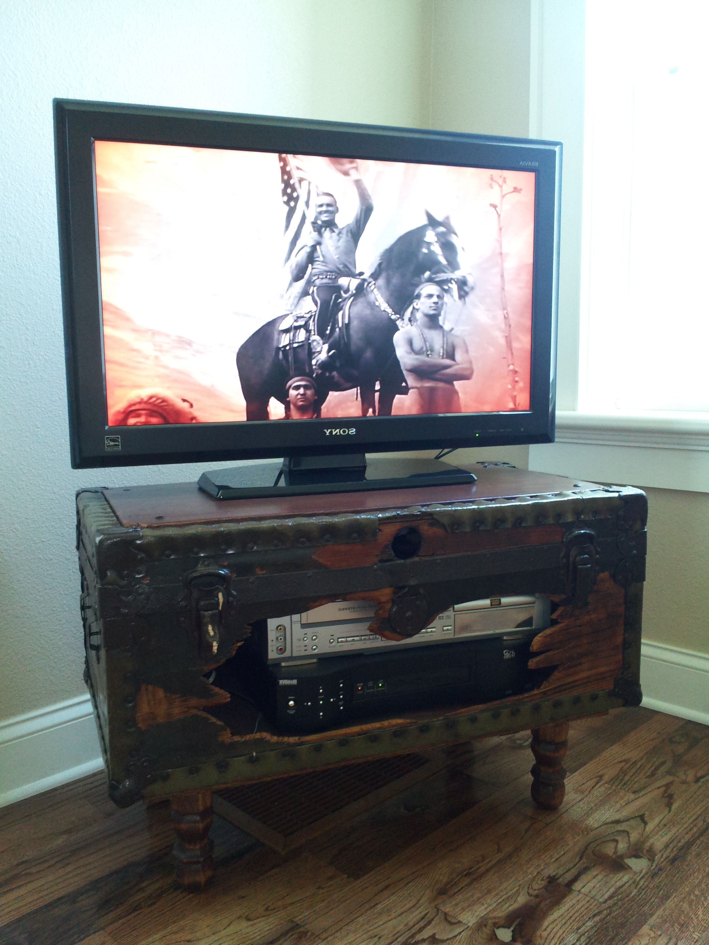 Tv Stands Over Cable Box With Widely Used Shabby Trunk Turned Into Tv Stand That Holds Dvr, Vcr And All Those (View 11 of 20)